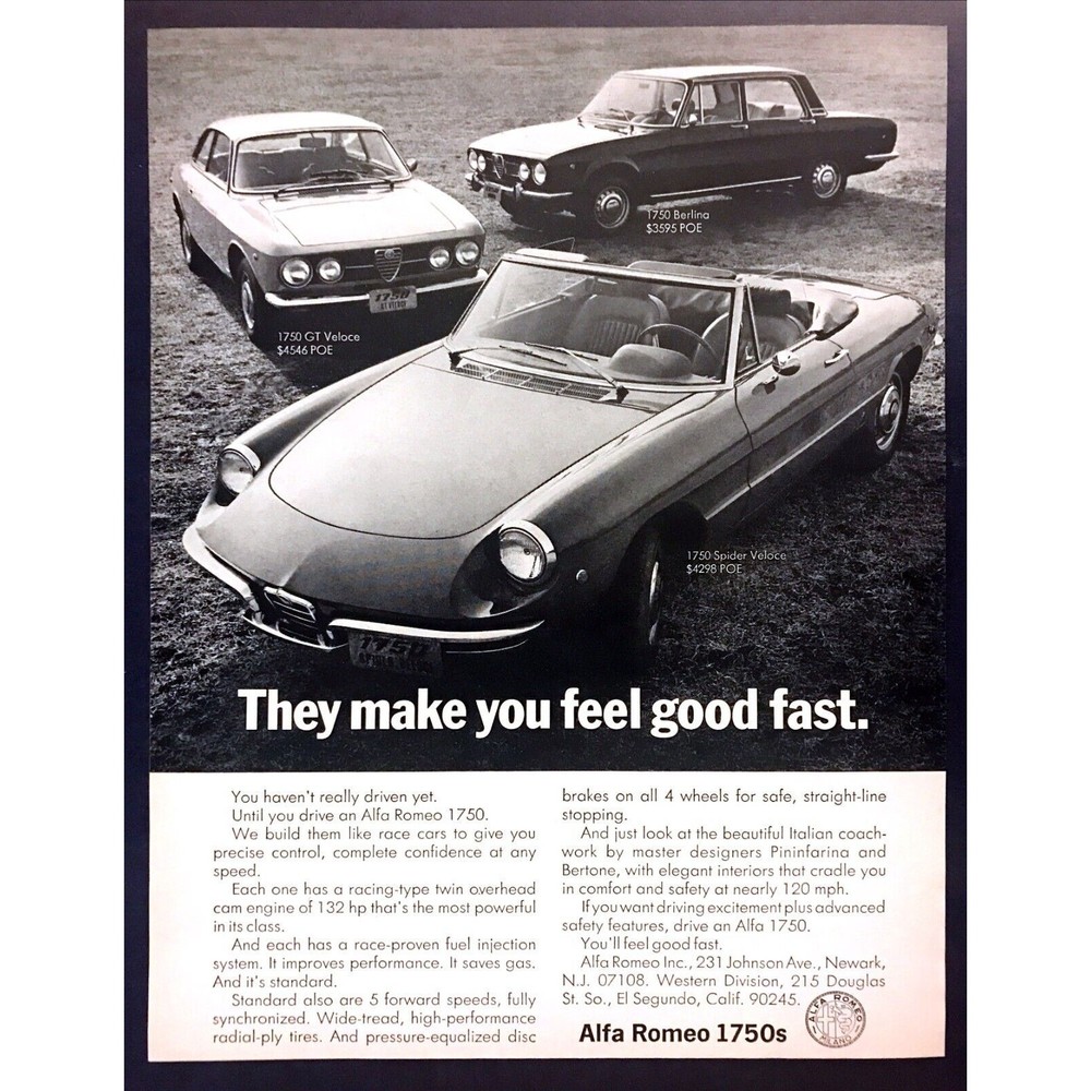 1970 Alfa Romeo 1750 GT Veloce Berlina Spider photo "Feel Good" vintage print ad